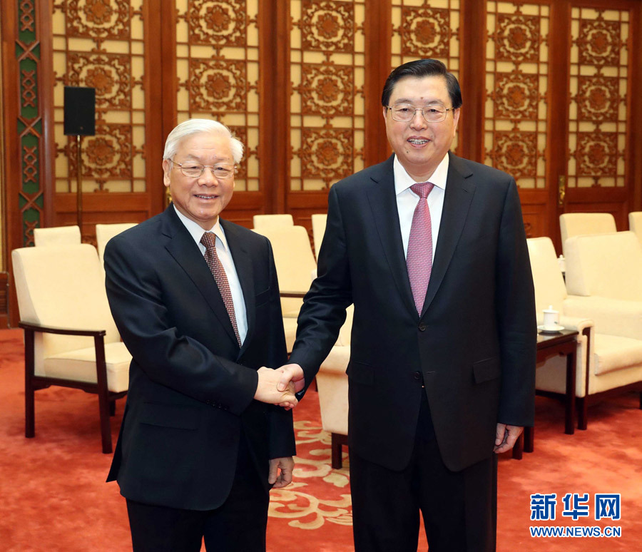 1月13日，中共中央政治局常委、全國人大常委會委員長張德江在北京人民大會堂會見越共中央總書記阮富仲。 新華社記者 劉衛(wèi)兵 攝